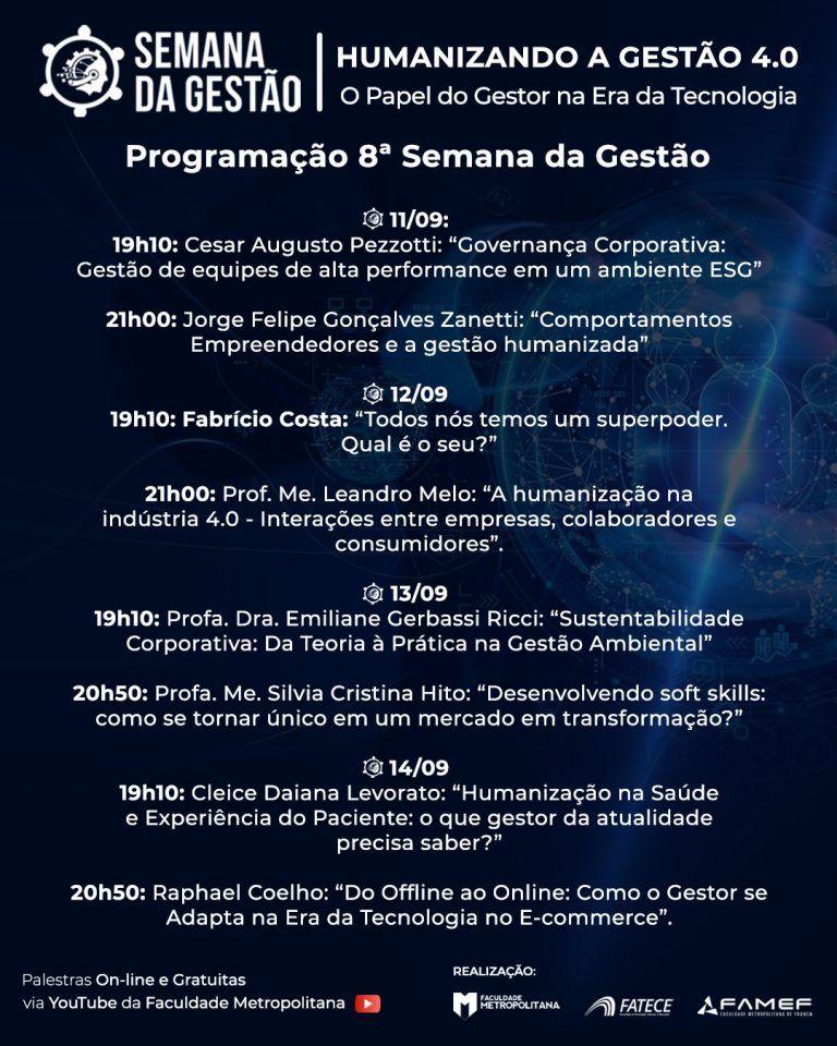 PROGRAMAÇÃO DA 8ª EDIÇÃO DA SEMANA DA GESTÃO